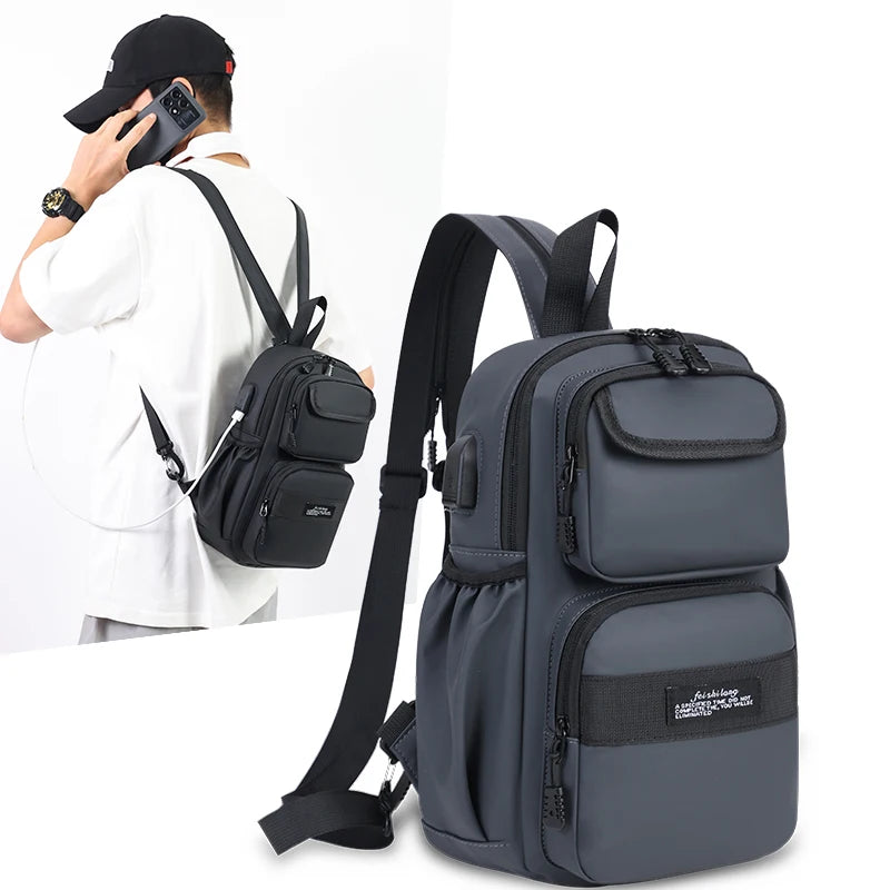 Men's Nylon Zipper Closure Slot Pocket Messenger Casual Backpack