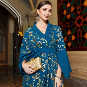 Women's Arabian V-Neck Polyester Full Sleeves Printed Dresses