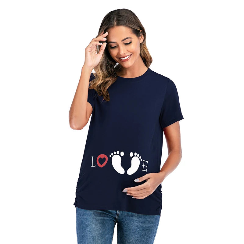 Women's Polyester O-Neck Short Sleeves Letter Maternity T-Shirt