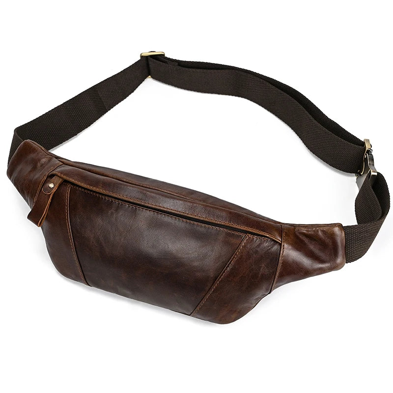 Men's Genuine Leather Solid Pattern Zipper Closure Waist Pack