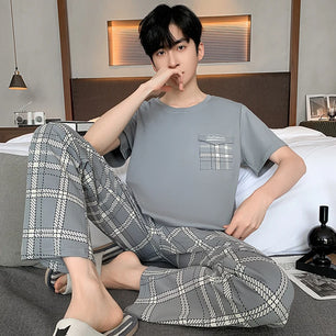 Men's Cotton O-Neck Short Sleeves Trendy Sleepwear Pajamas Set