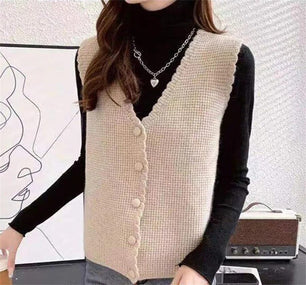 Women's Acrylic V-Neck Sleeveless Single Breasted Casual Sweaters