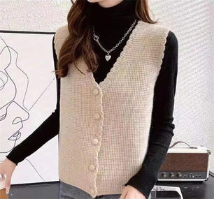 Women's Acrylic V-Neck Solid Pattern Single Breasted Sweater