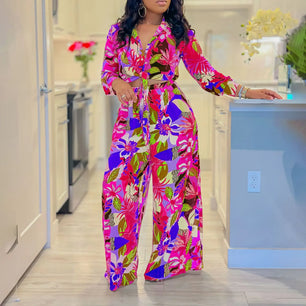 Women's Polyester Turn-Down Collar Long Sleeves Printed Jumpsuit