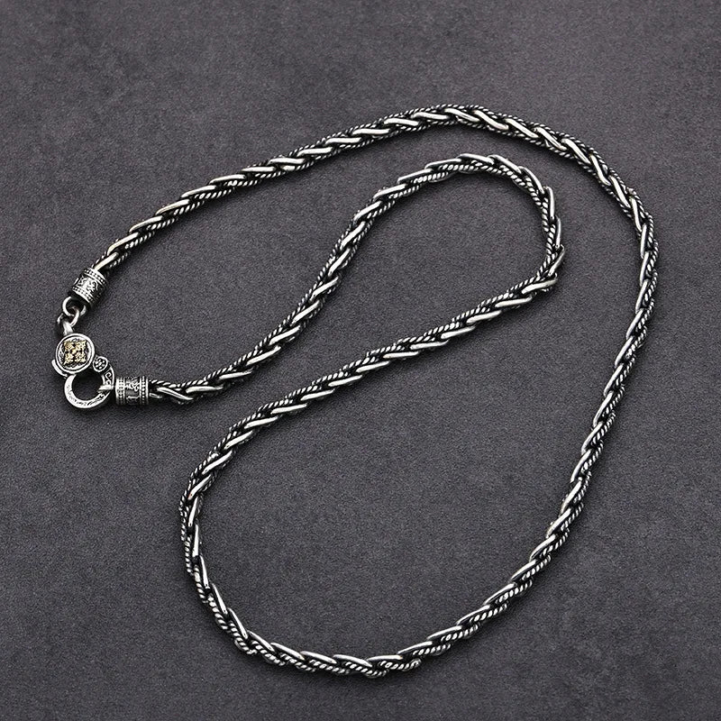 Men's 925 Sterling Silver Link Chain Geometric Pattern Necklace