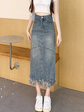 Women's Polyester High Waist Solid Pattern Casual Denim Skirts