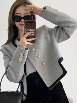 Women's Cotton O-Neck Long Sleeves Double Breasted Blazer