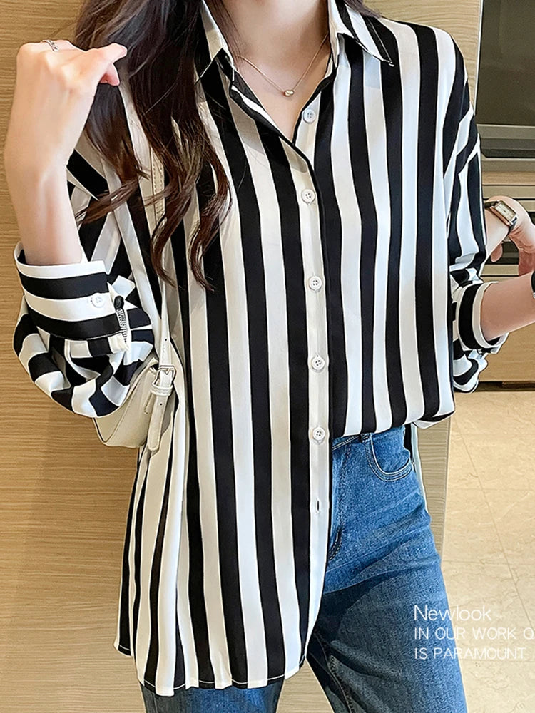 Women's Polyester Turn-Down Collar Long Sleeves Striped Blouse