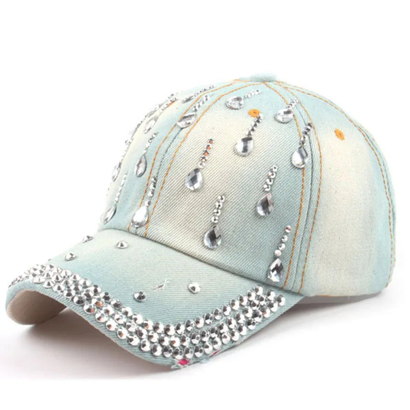 Women's Denim Adjustable Strap Pattern Rhinestone Casual Cap