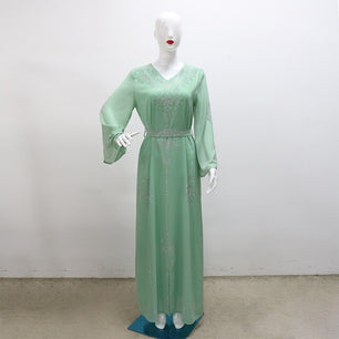 Women's Arabian V-Neck Polyester Full Sleeves Beaded Dresses