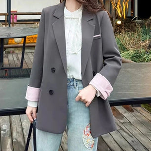 Women's Cotton Notched Long Sleeves Double Breasted Trendy Blazer