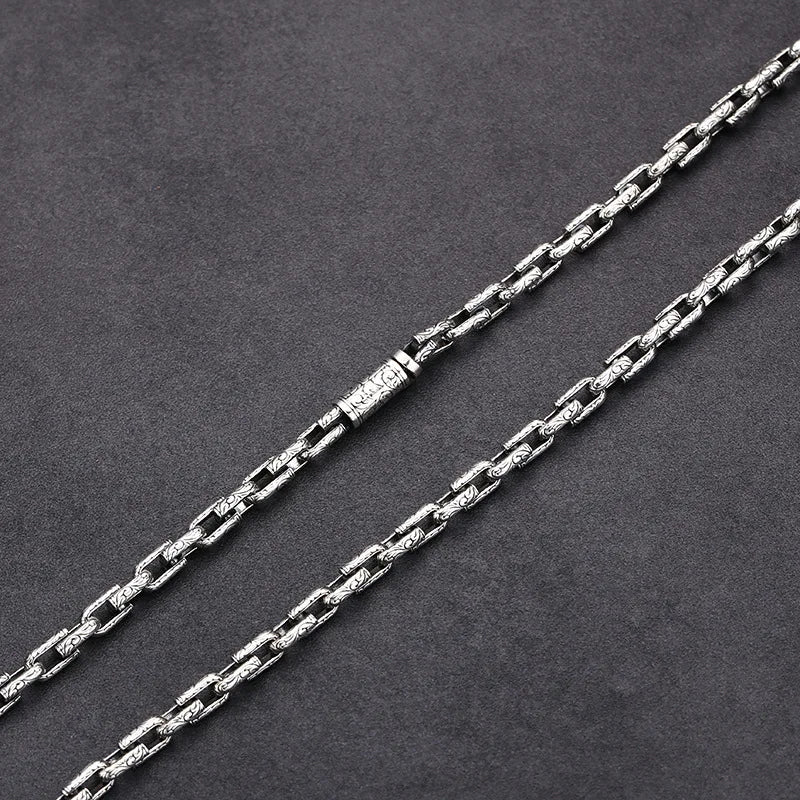 Men's 925 Sterling Silver Link Chain Geometric Pattern Necklace