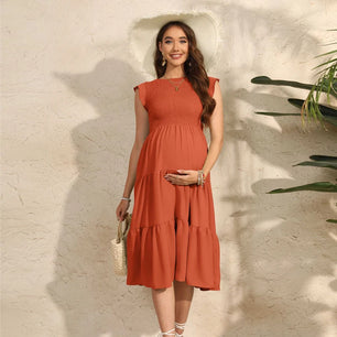 Women’s Polyester O-Neck Short Sleeves Solid Maternity Dress