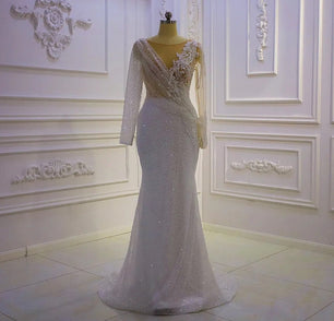 Women's V-Neck Long Sleeves Court Train Zipper Bridal Wedding Dress