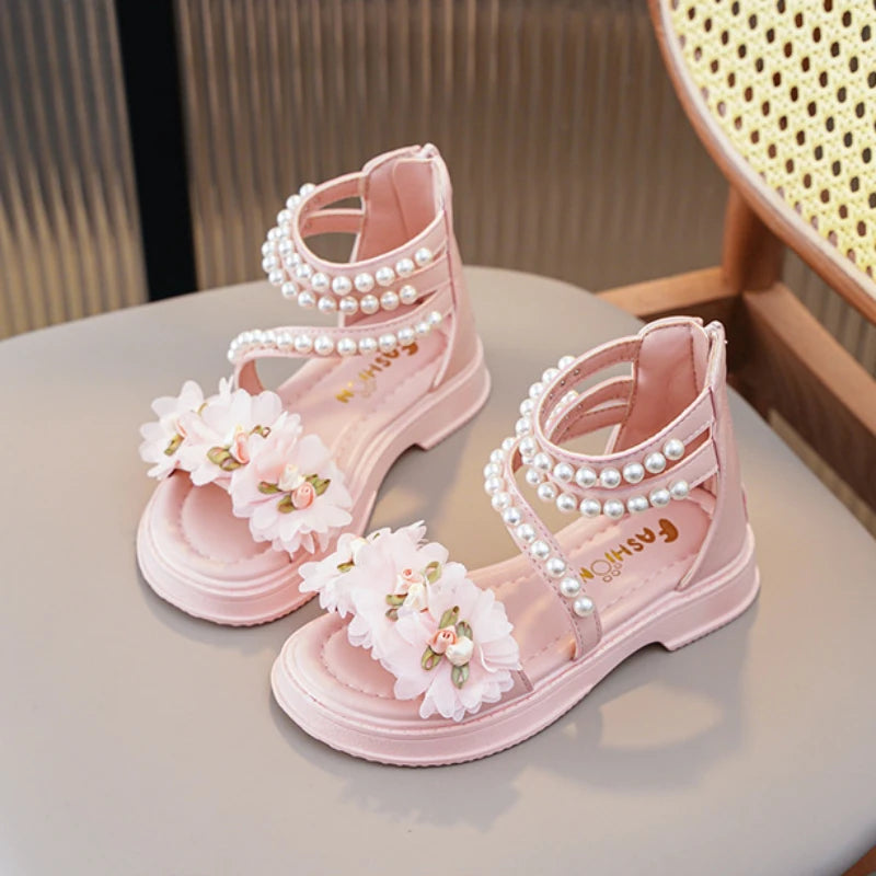 Kid's Synthetic Open Toe Beaded Pattern Hook Loop Closure Sandals