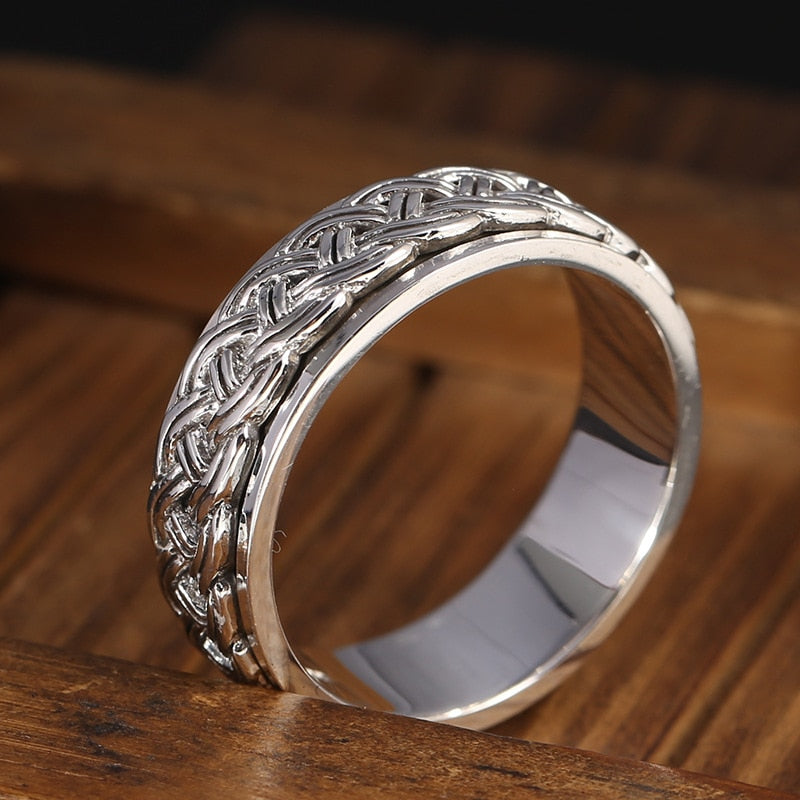 Men's 100% 925 Sterling Silver Round Pattern Trendy Rotating Ring