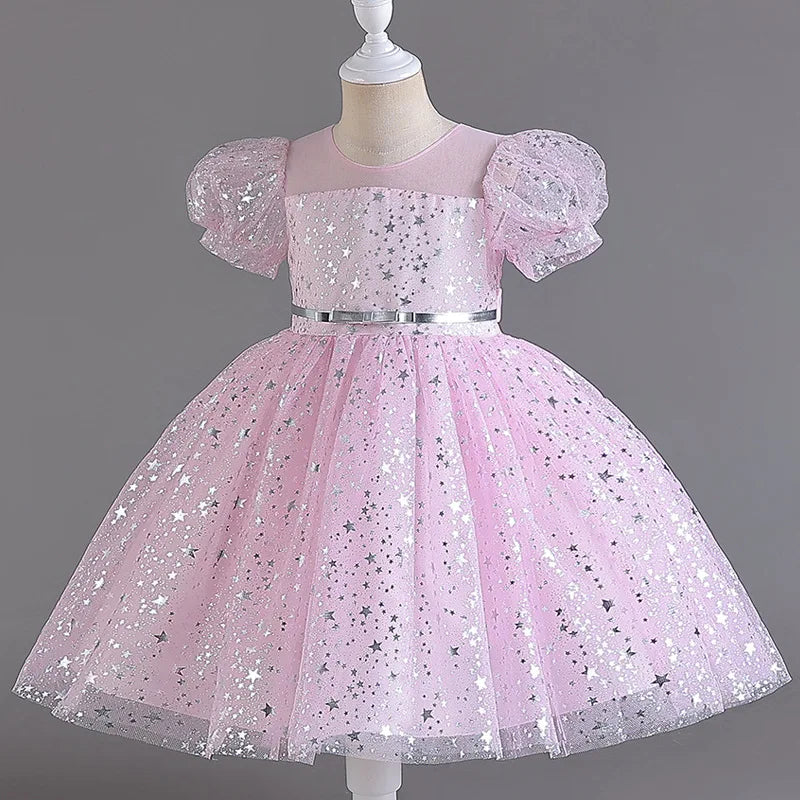 Kid's Cotton Short Sleeve Knee-Length Sequined Pattern Dress