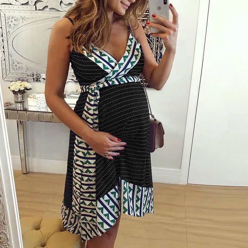 Women's Cotton V-Neck Sleeveless Printed Pattern Maternity Dress