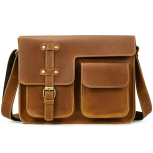 Men's Genuine Leather Zipper Closure Solid Pattern Shoulder Bag