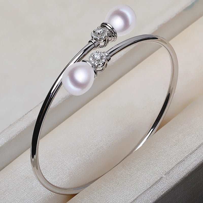 Women's 100% 925 Sterling Silver Freshwater Pearl Trendy Bracelet