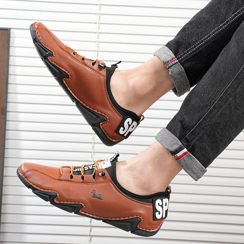 Men's Split Leather Round Toe Elastic Band Casual Wear Sneakers