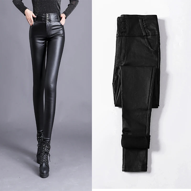 Women's Faux Leather High Waist Elastic Closure Casual Leggings