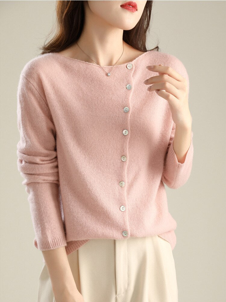 Women's Acrylic O-Neck Single Breasted Closure Casual Sweater