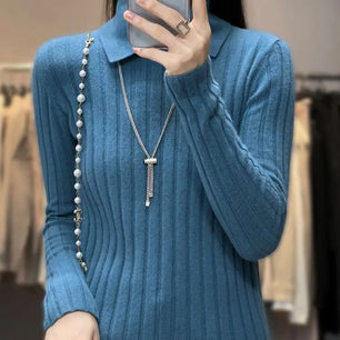 Women's Acrylic Turn-Down Collar Full Sleeves Pullover Sweater