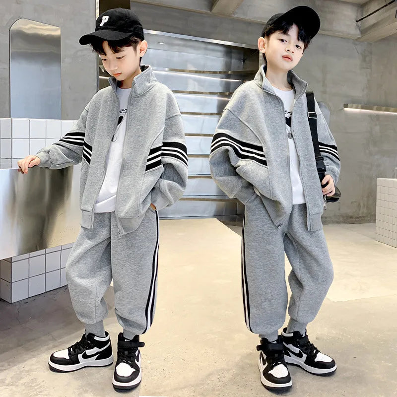 Kid's Boy Polyester Full Sleeves Zipper Striped Trendy Suit