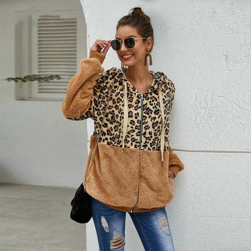 Women's Polyester Full Sleeve Leopard Pattern Zipper Hoodies