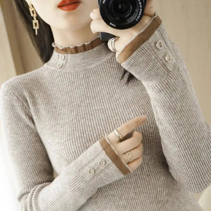 Women's Acetate Mock Neck Full Sleeves Solid Pattern Sweater