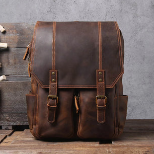 Men's Genuine Leather Zipper Closure Solid Pattern Backpack