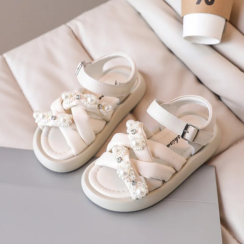 Baby's Round Open Toe Rhinestone Pattern Hook Loop Closure Sandals