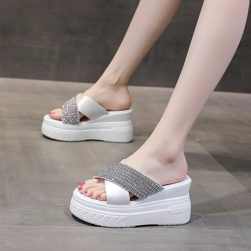 Women's PU Peep Toe Slip-On Closure Casual High Heel Slippers