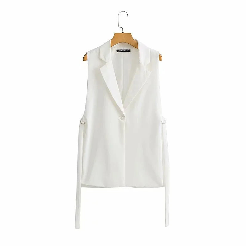 Women's Cotton Notched Sleeveless Single Breasted Casual Blazer