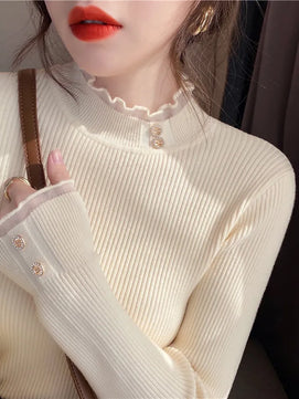 Women's Acrylic Mock Neck Full Sleeves Solid Pattern Sweater