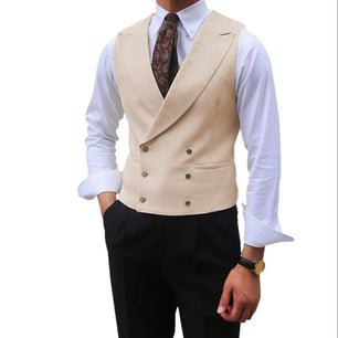 Men's Cotton V-Neck Sleeveless Double Breasted Slim Formal Vests