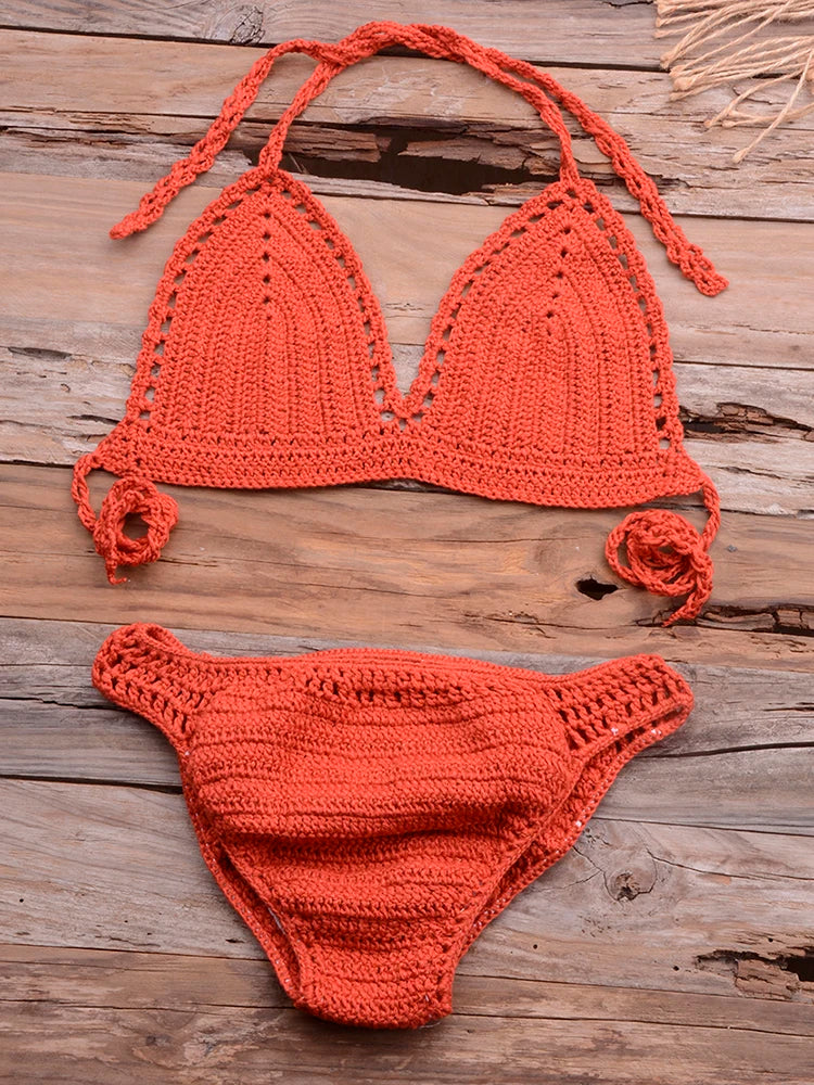 Women's Cotton High Waist Swimwear Knitted Pattern Bikini Set