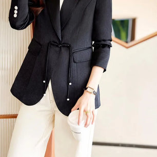 Women's Cotton Notched Long Sleeves Solid Pattern Casual Blazer