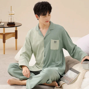 Men's Cotton Turn-Down Collar Long Sleeve Striped Sleepwear Set