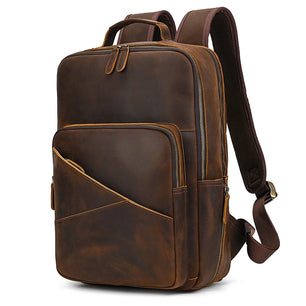 Men's Genuine Leather Solid Pattern Zipper Closure Backpack