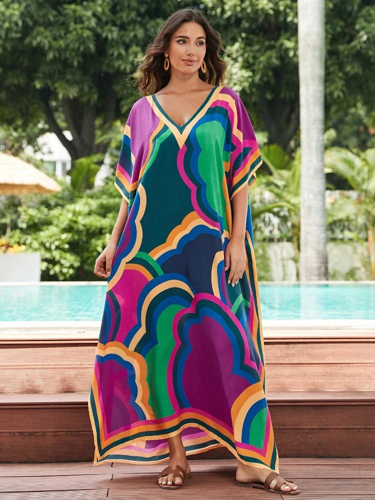 Women's Polyester V-Neck Short Sleeve Printed Pattern Maxi Dress