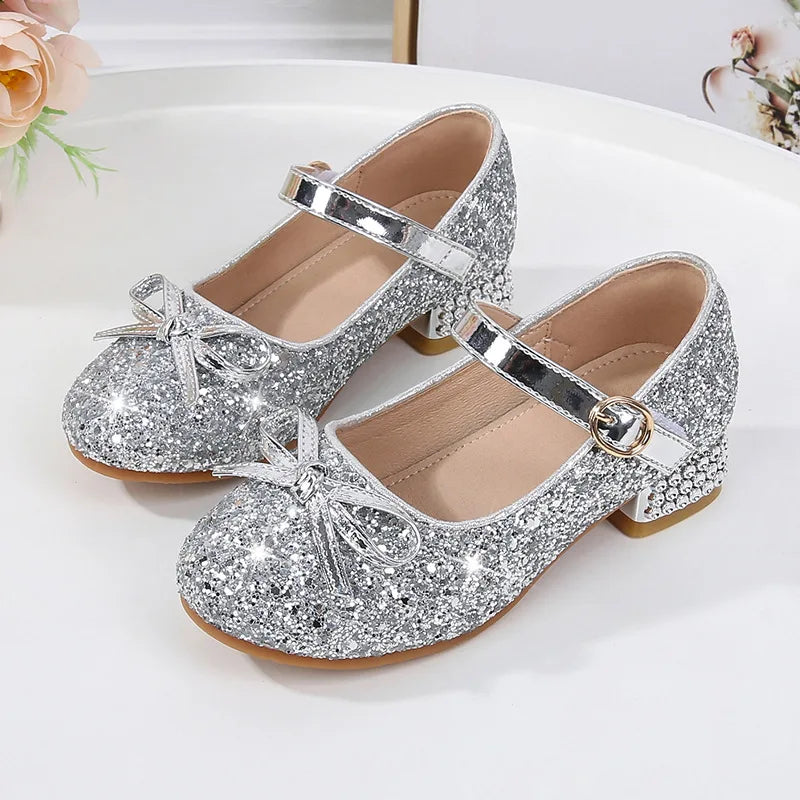 Kid's PU Leather Round Toe Buckle Strap Closure Sequined Shoes