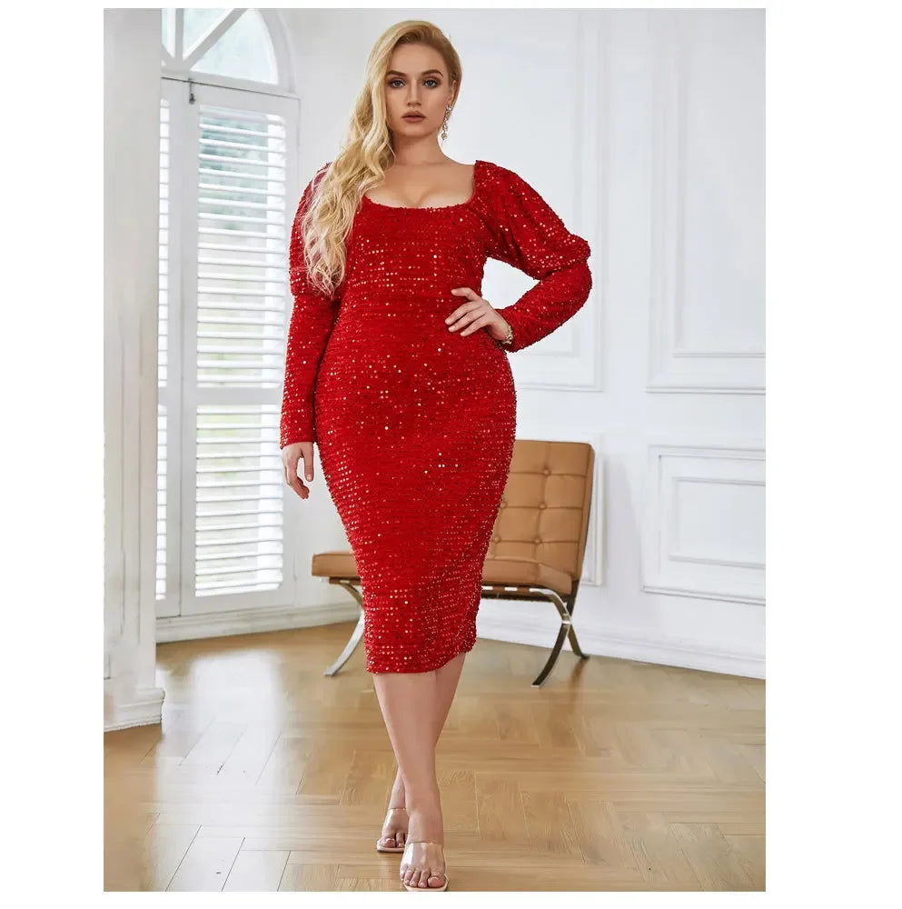 Women's Polyester Square-Neck Long Sleeves Sequined Party Dress