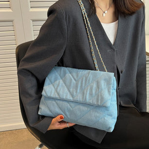 Women's Canvas Cover Closure Solid Pattern Chain Shoulder Bag