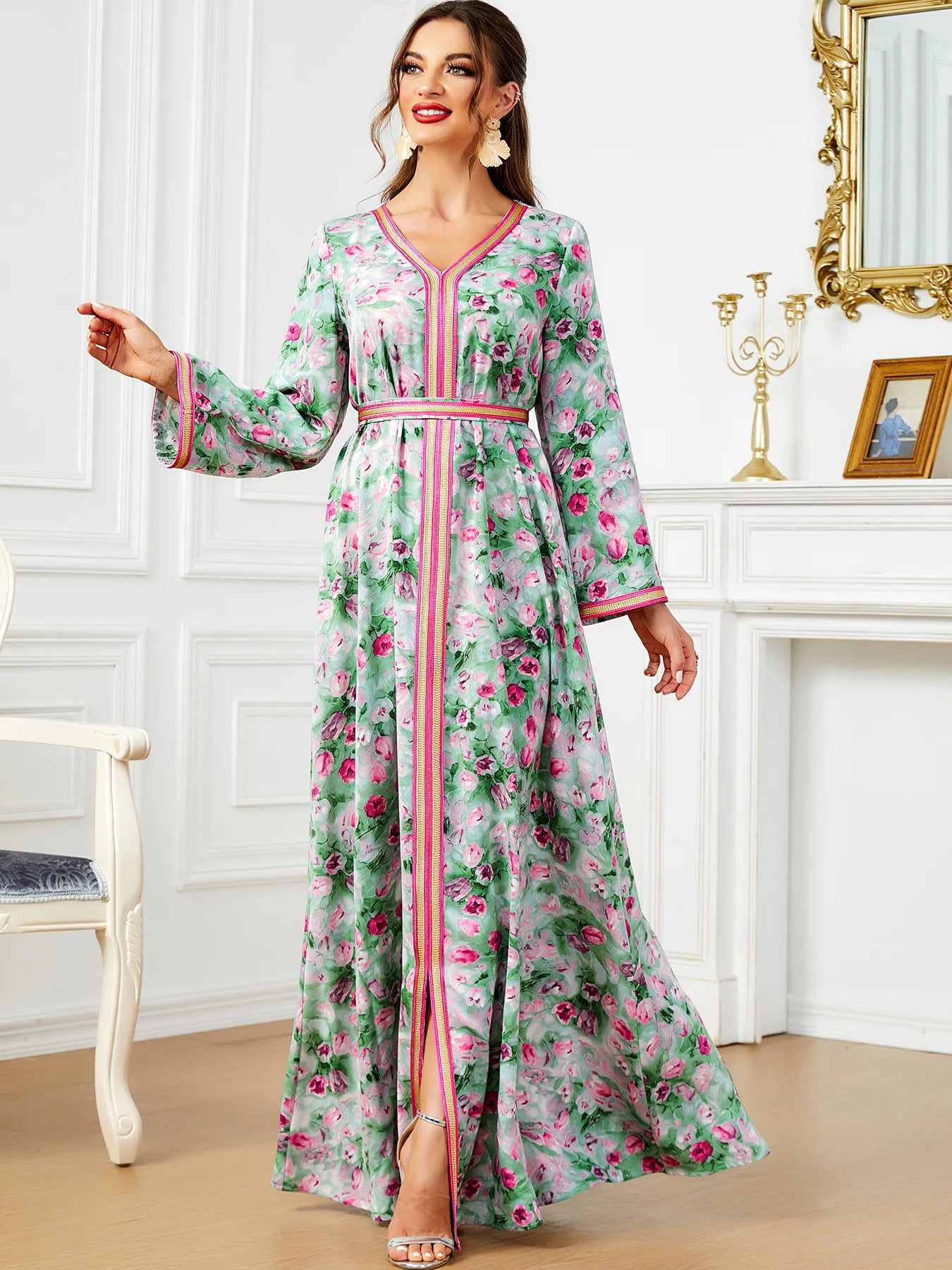 Women's Arabian Polyester Full Sleeves Floral Pattern Dress