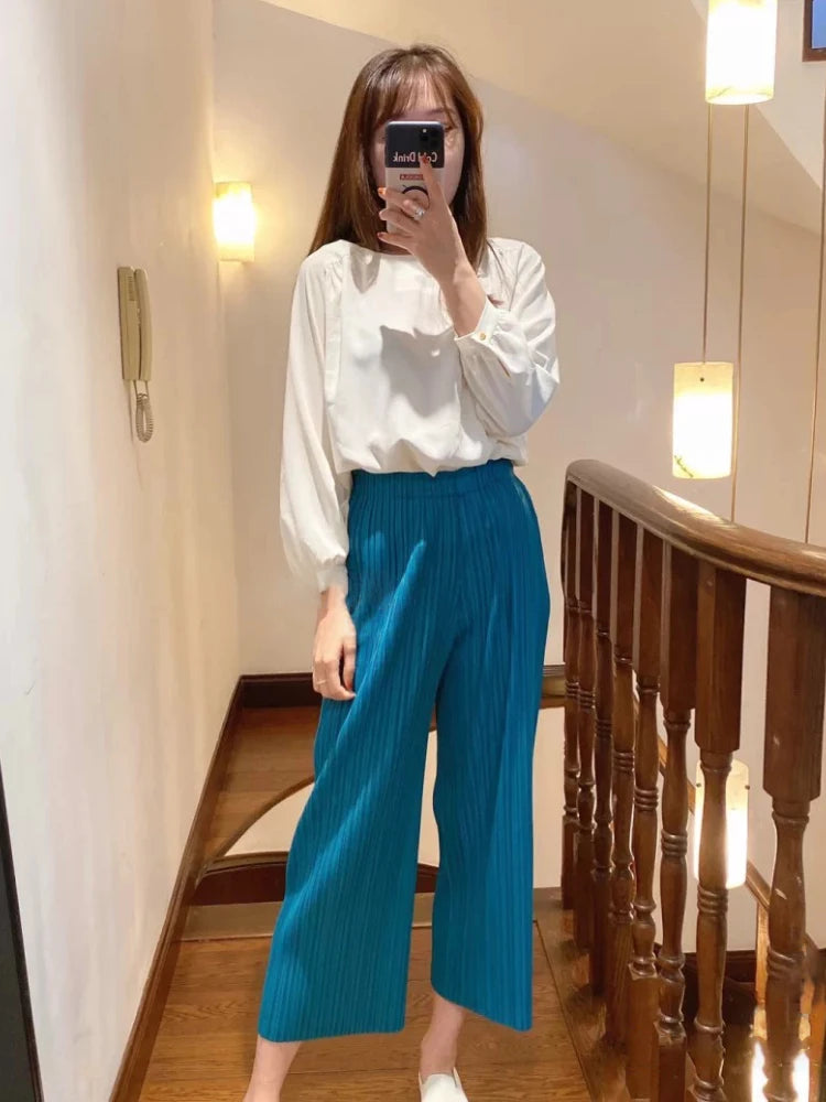 Women's Cotton High Elastic Waist Closure Solid Casual Trousers