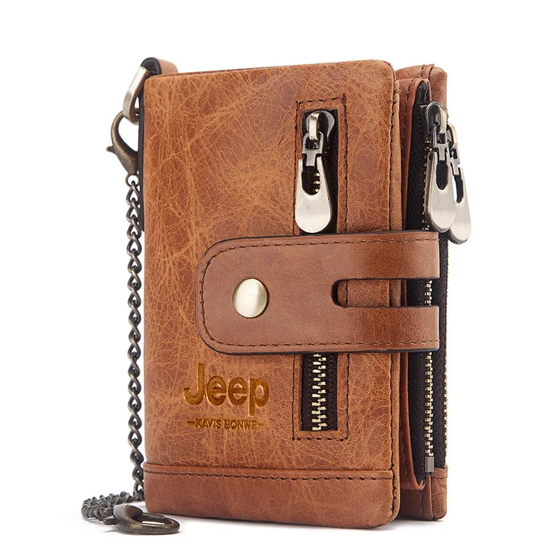 Men's Genuine Leather Zipper Hasp Closure Letter Pattern Wallet