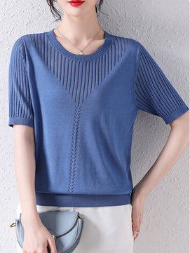 Women's Cotton O-Neck Short Sleeves Hollow Out Pullover Sweaters