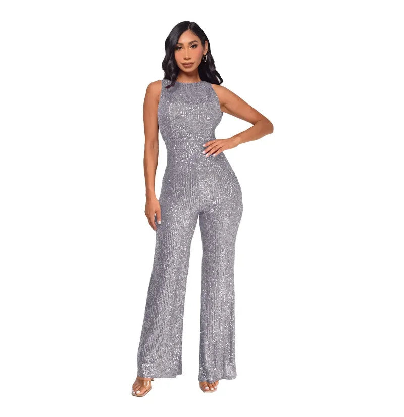 Women's Polyester O-Neck Sleeveless Sequined Pattern Jumpsuit